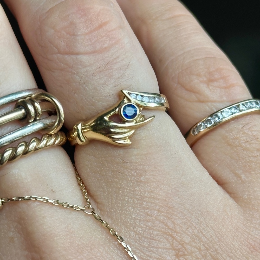 vintage solid 14k yellow gold ring hand sapphire and diamonds ring size 7